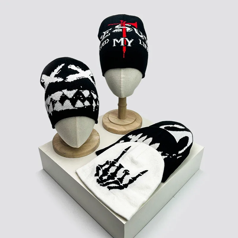 

Hip Hop Letter Funny Wool Knitted Hats Warm American Style Autumn and Winter New Beanies Versatile Street Fashion Personal Niche