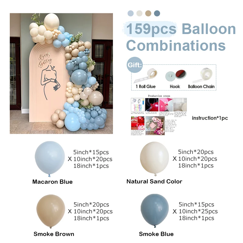 159pcs Smoke Brown and Blue Balloon Arch Gender Reveal Party Supplies Balloon Garland Set for Mother's Day Baby Shower