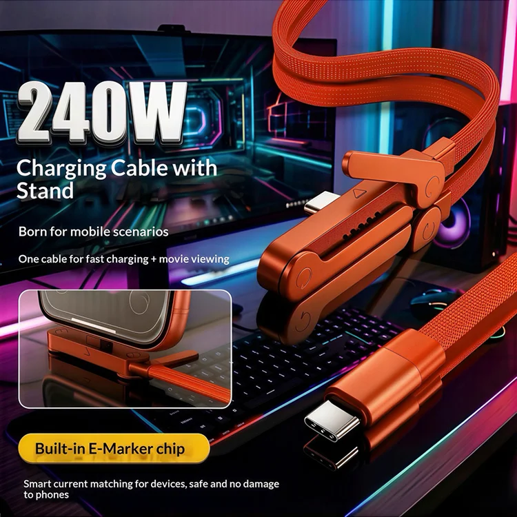 240W Quick Charging Wire with Folding Phone Stands USB A Type C Holder Charger Cables for IPhone 17 16 15 Samsung S26 Xiaomi New