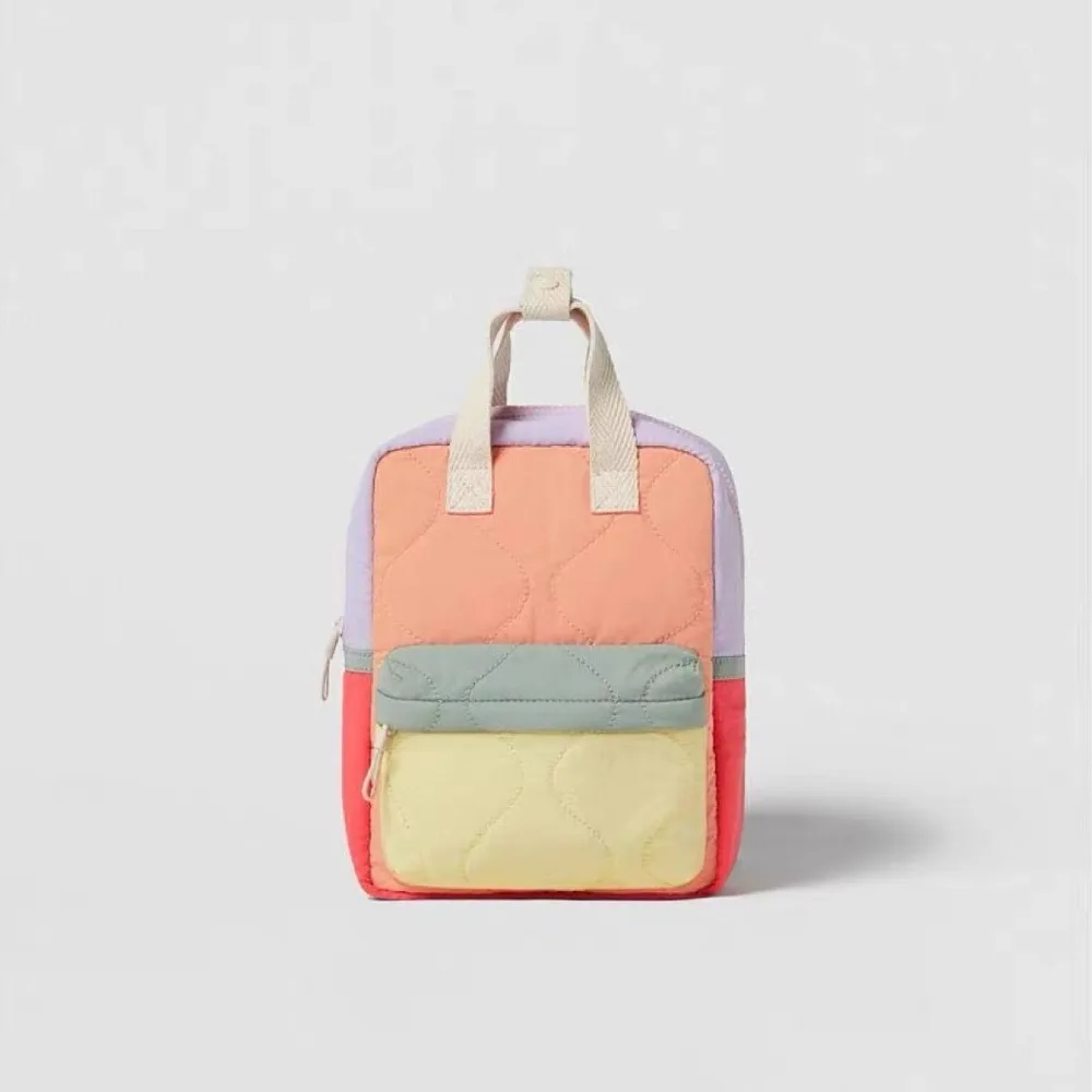Color Block Backpack Orange Quilted Cute Small Kids Backpack School Bag For Outdoor Trip