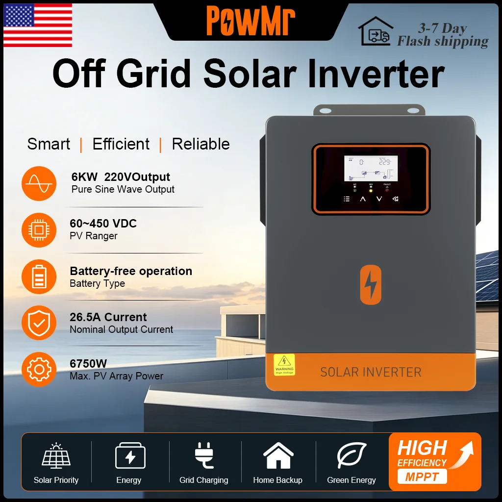 PowMr 6000W Pure Sine Wave On Grid Solar Inverter Max PV500V MPPT 230Vac Output No Battery Required with LCD Display Wi-Fi RS-232 Optional for Solar Panel  Home Water Pump