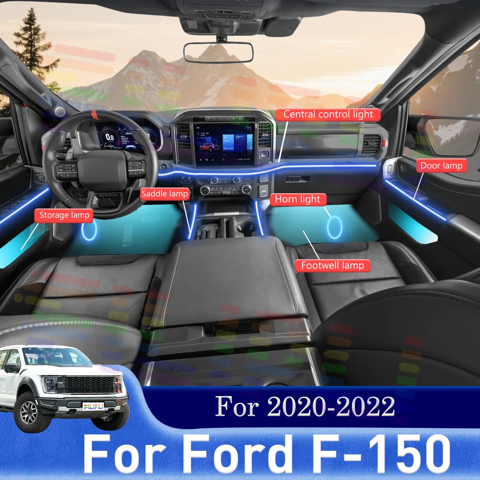 

For Ford F-150 Smart Remote Control Car Interior Ambient Light RGB 64 Colors LED Quick-Lock Installation Set For 2020-2022