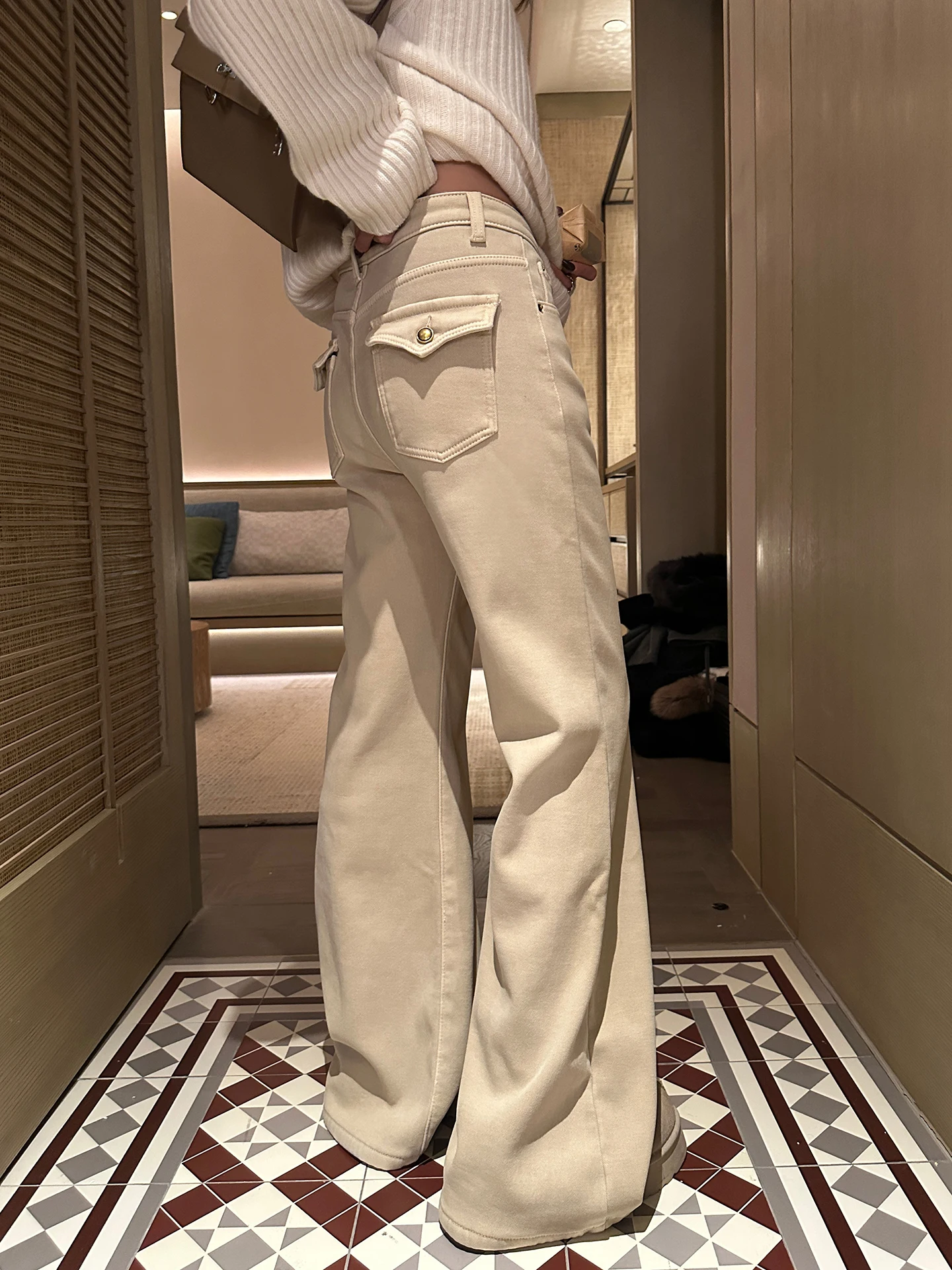 

EKOOL High Waist Fce Lined Thiened Denim Pants Women's Winter Loose Versatile Slimming Wide Leg Long Trousers