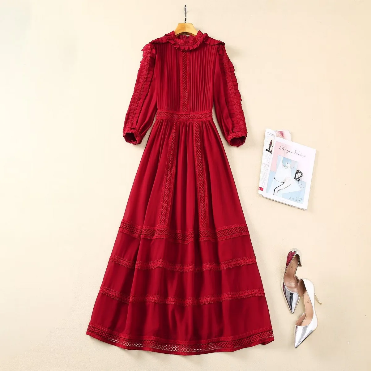 

European and American women's clothes 2024 spring new Stand collar Seven-quarter sleeve ruffle red Fashion pleated dress XXL