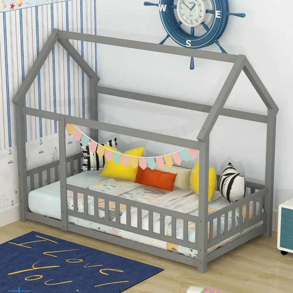 Children's Bed Bases,Twin Size House Frame Wooden Montessori Floor Bed with Fence for Kids,Children's Bed Bases