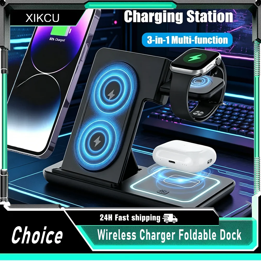 

3 In 1 Foldable Wireless Charger Stand LED Fast Charging Station for Samsung S25 S24 S23 Galaxy Watch 2-9 Active Buds Pro