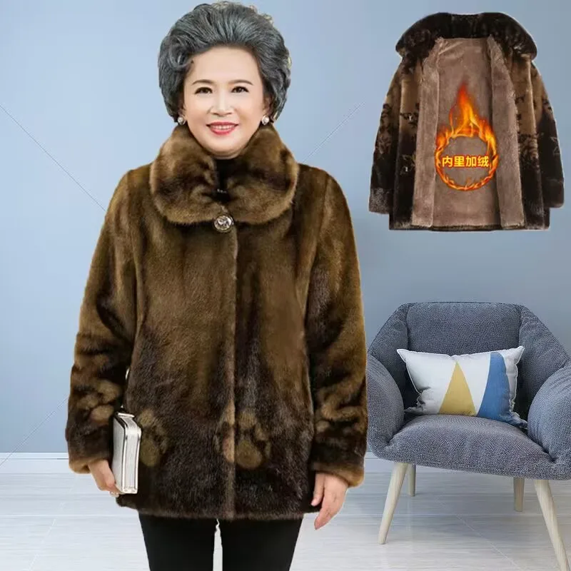 

Высококачественная зимняя куртка для бабушки L-6XL, большой размер, пальто из искусственного норкового меха, утепленные хлопковые теплые парки, женское меховое пальто для пожилых людей
