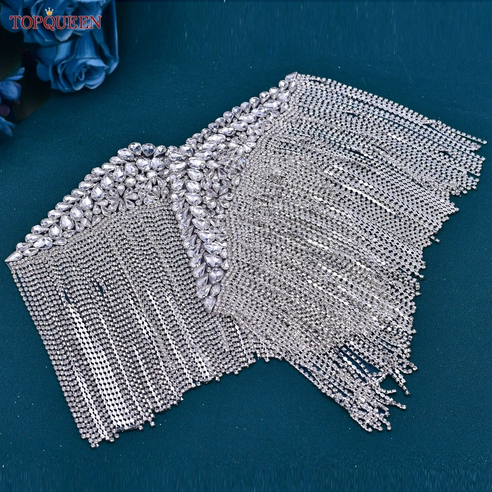 TOPQUEEN SP48 3D Rhinestones Beaded Tassels Patch Epaulettes Sew Clothes Dress Gown Bridal Wedding Shoulder Accessories Handmade