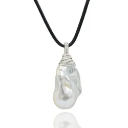 Women's Pendant White Large Baroque Pearl Sterling Silver Pendant Drop Shape Pearl Pendant Black Rope Necklace Free Shipping