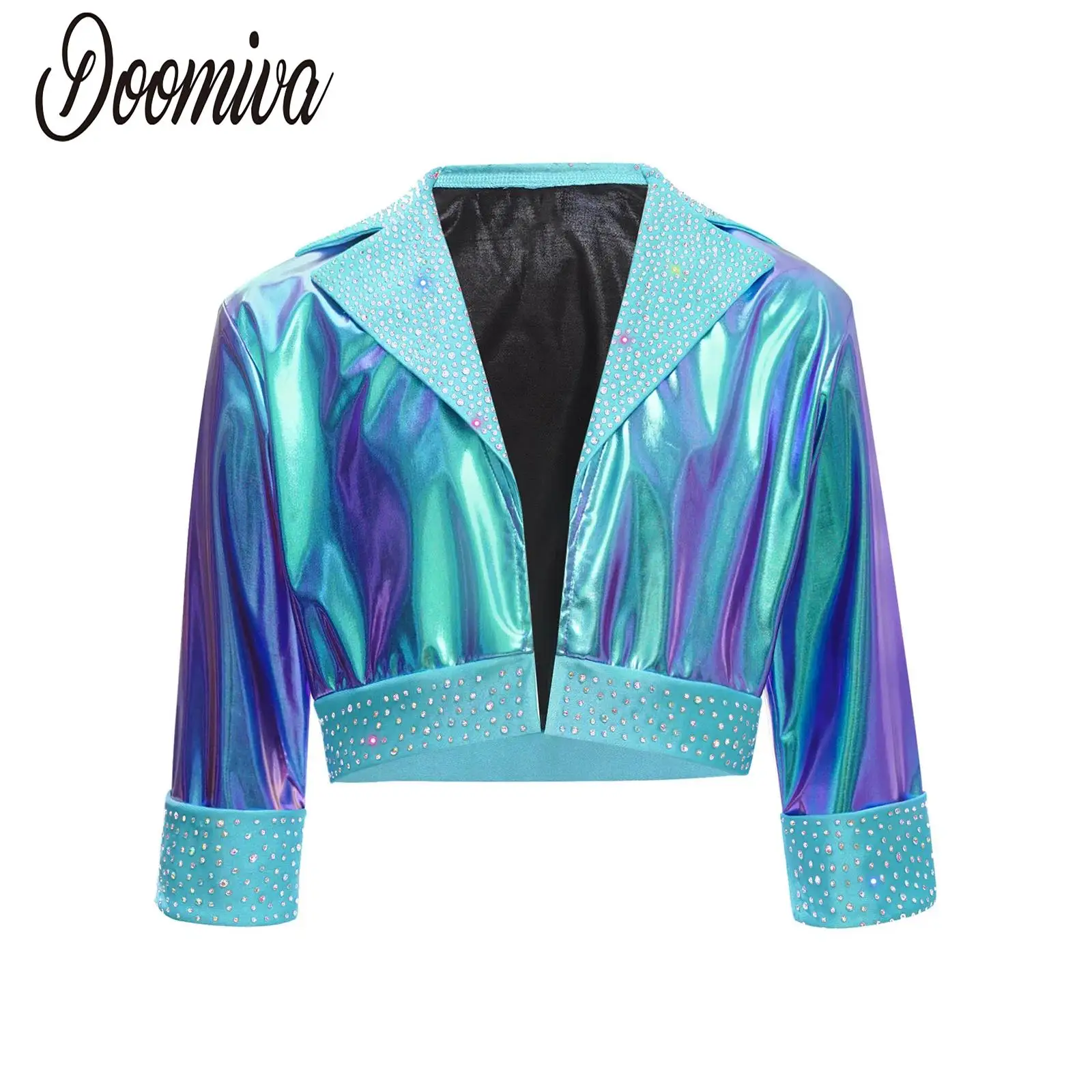 أطفال بنات الجاز الرقص ملابس خارجية معطف معدني الحديثة الهيب هوب الرقص ازياء التلبيب طوق كم طويل لامعة الراين سترة #1