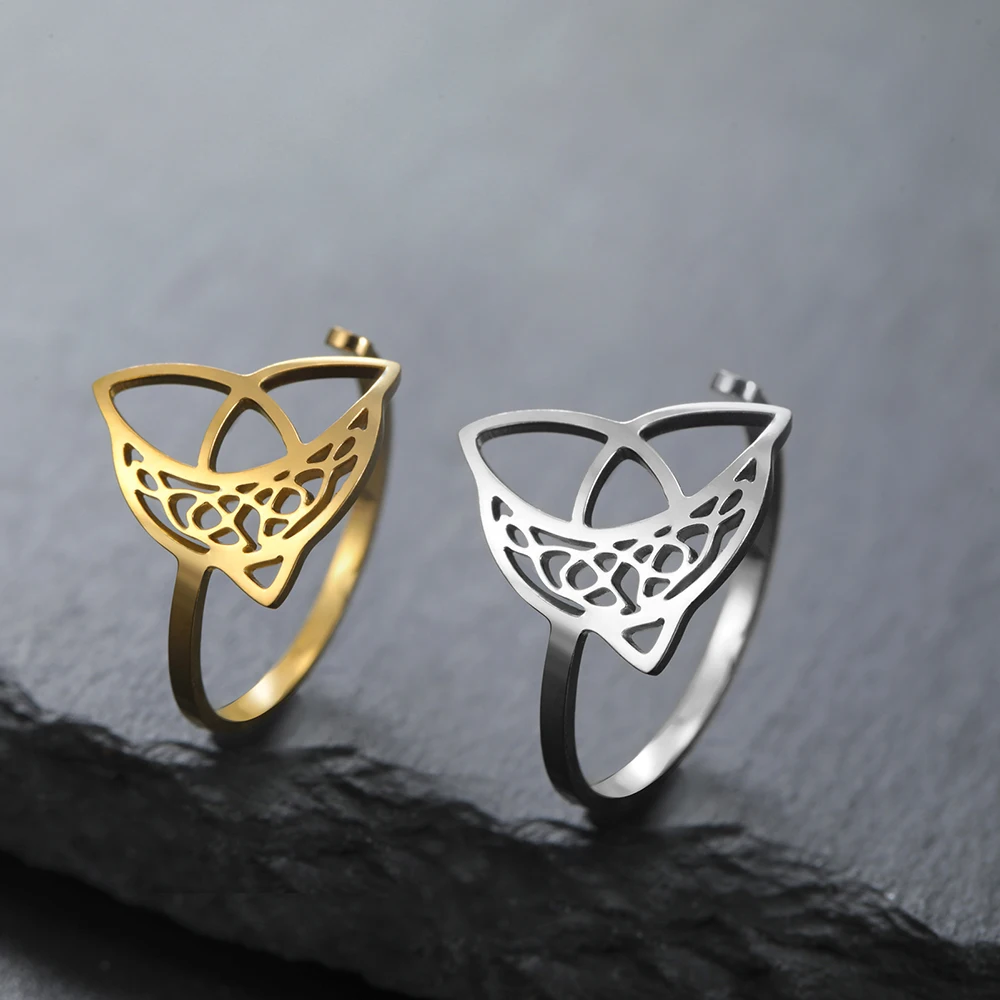 Dawapara Triquetra Filigree Crescent Moon Ring Adjustable Trinity Knot Lucky Symbol Stainless Steel Wedding Band Jewelry