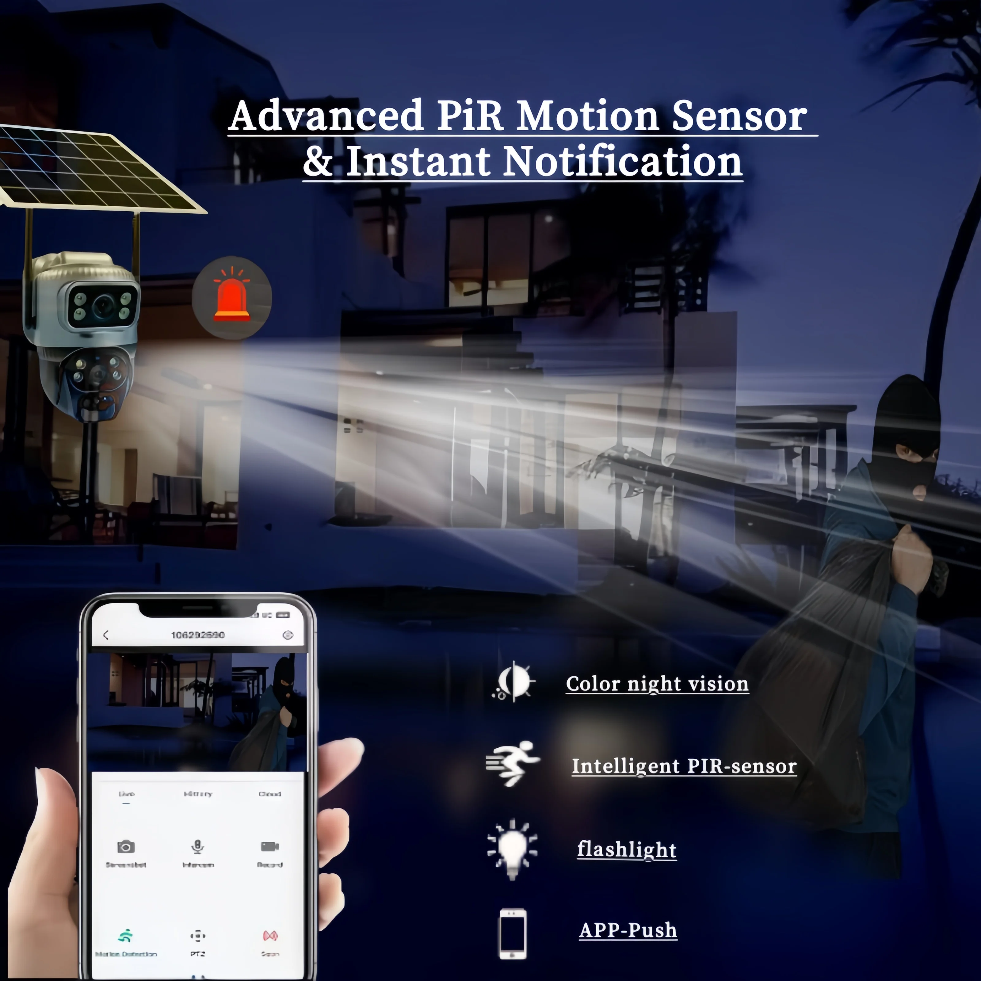 V380 Gun Ball WiFi Camera, Solar Low Power, Dual Lens Dual Screen 360 degree Full Color HD, Wireless Smart Home Outdoor Camera