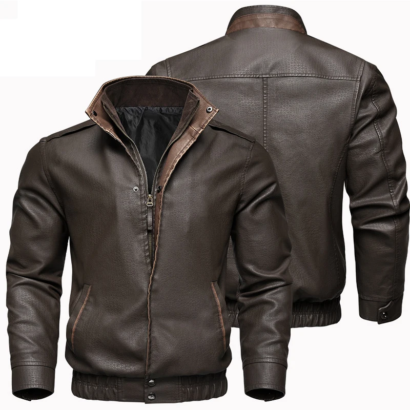 New Autumn Men\'s Leather Jacket Stand Collar Retro Business and Leisure