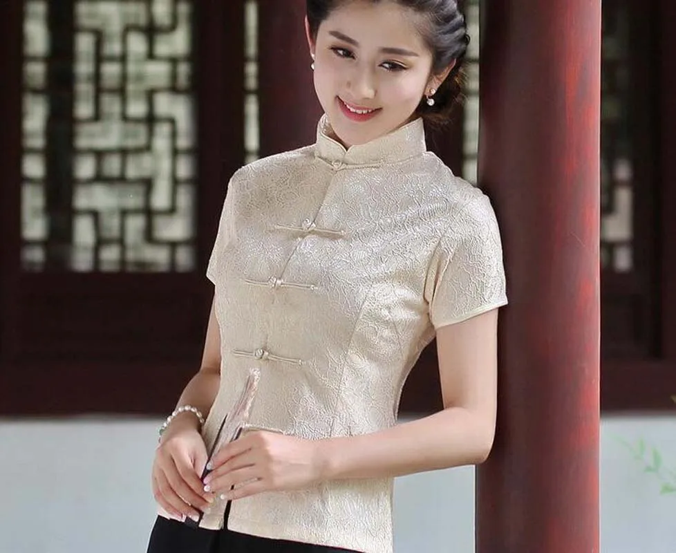 Wholesale Chinese Traditional Women Short Sleeve Jacket Satin Lace Tang Coat Casual T Shirt Slim Tops Blouse Size M L XL XXL 3XL