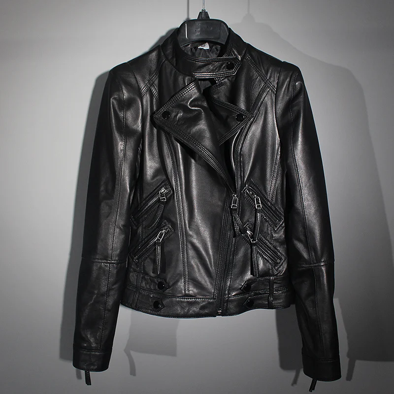 women Free shipping.wholesales.cheap slim genuine leather jacket,girl black soft sheepskin coat.motor style.fashion