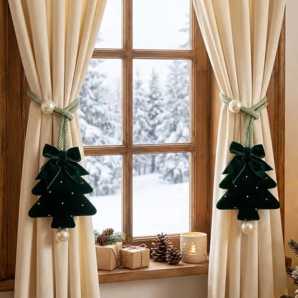 2Pcs Adjustable Christmas Tree Curtain Tieback Pearl Bow Shape-Retentive Velvet Tree Curtain Strap Braided Cord