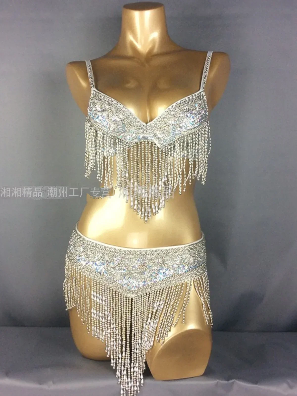 

Sexy Plus Size Belly Bra Belt Beaded Sequins Practice Clothing Stage Performance 2-piece Set