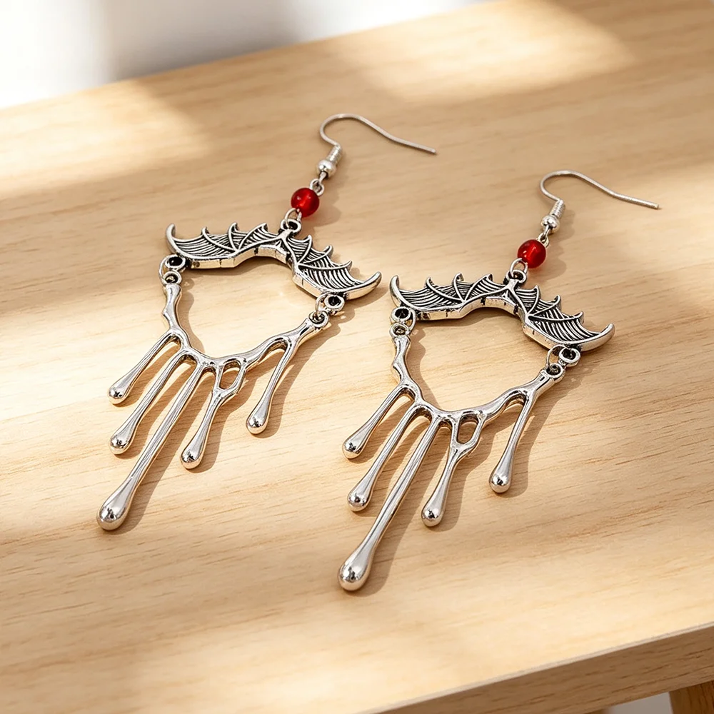 Gothic Blood Drip Bat Wing Earrings, Antique Silver Vampire Red Bead Dangle Earrings, Halloween Punk Jewelry