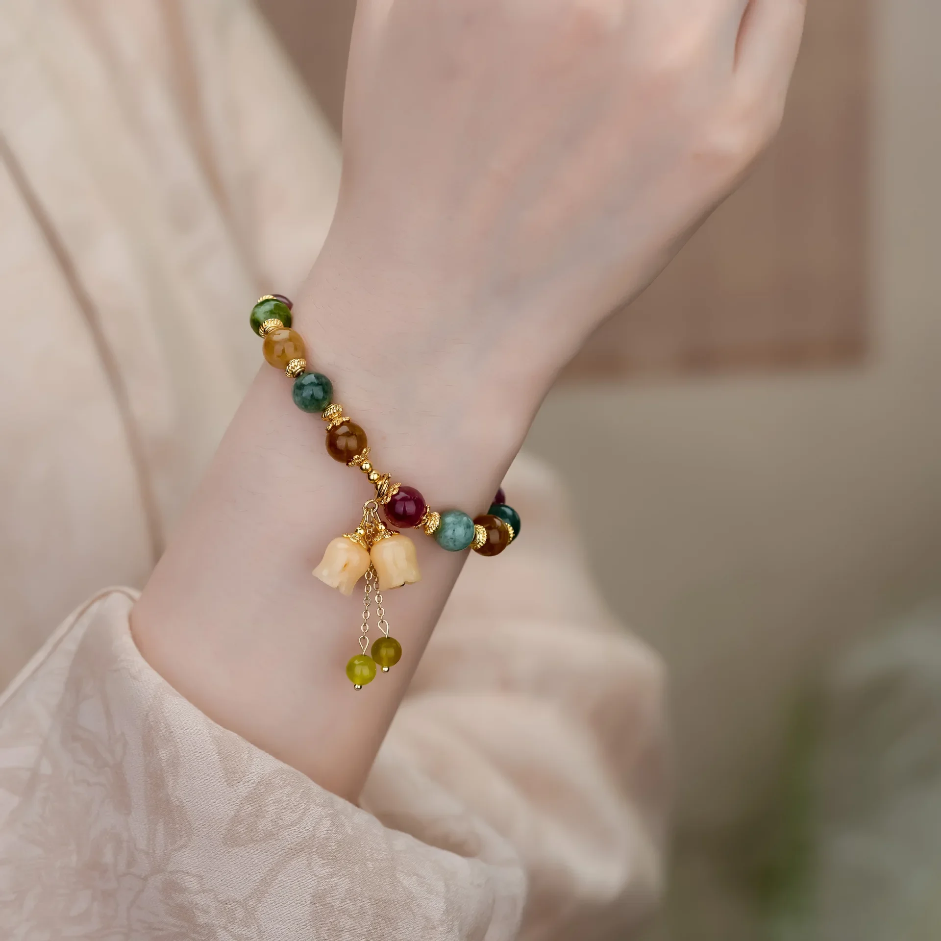 Chinese Style Chinoiserie Vintage Tourmaline Beads Colorful Gold Plated Lily of The Valley Bracelet for Women HanFu Gift Jewelry