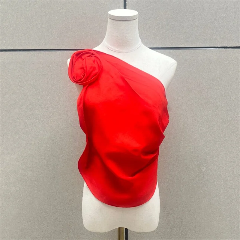 

Women's vest New 3D floral decoration sleeveless top for summer 2025 Asymmetric slim tank top Sexy backless women's tight corset