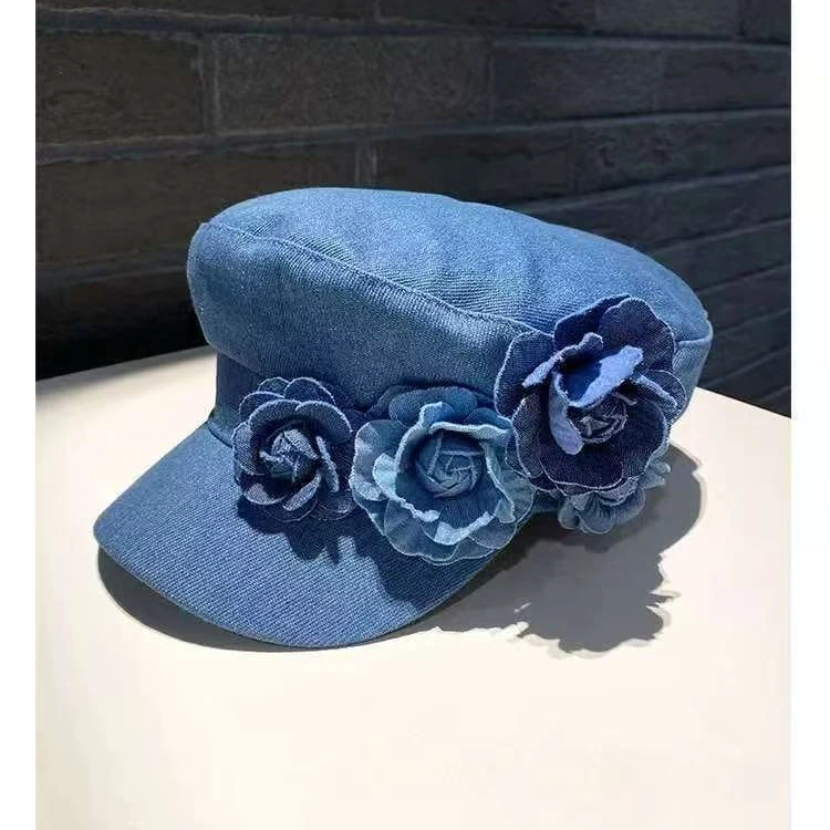 Korean version of a niche three-dimensional camellia flower newsboy cap in solid color, simple and stylish denim casual hat