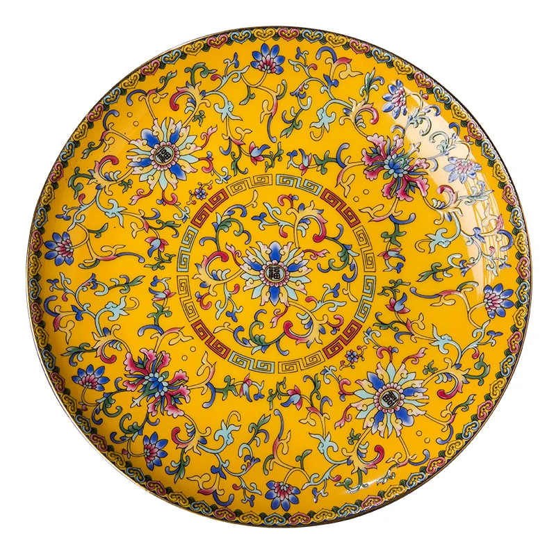 Chinese Enamel Color Ceramic Plate Handmade Gold Stroke Tableware Home Pasta Dinner Plates Restaurant Serving Tray Kitchen Items