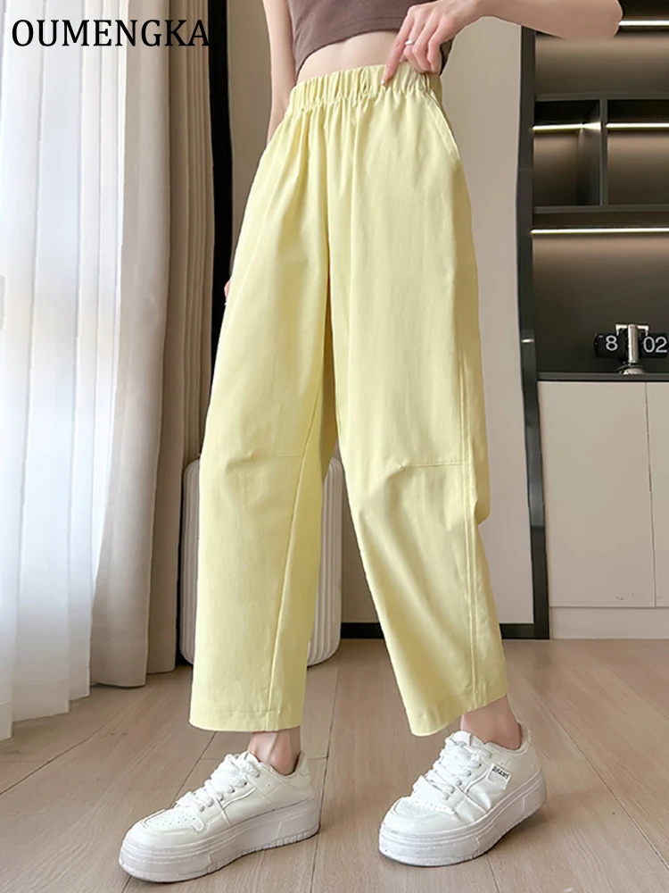 OUMENGKA  Women Thin Casual Pants 2026 Summer New Elastic Waist Pleated Harem Ankle Length Pants Easy Wear for Daily Trousers