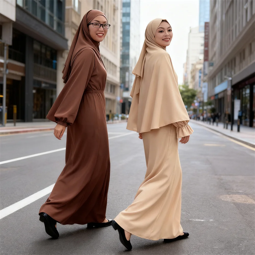 

2PCS Eid Ramadan Muslim Women Prayer Garment Hooded Abaya Turkish Dress Dubai Kaftan Islamic Clothing Full Cover Jalabiya Robe