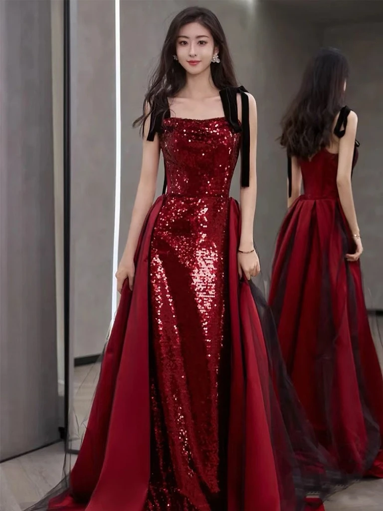 Red Prom Dresses Bling Bling Sequins Spaghetti Strap A-line Ribbon Lace-up Woman Sexy Anniversary Meeting Formal Party Gowns