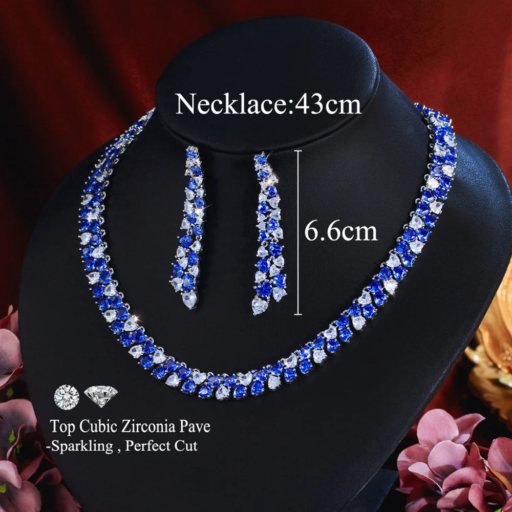 CWWZircons Luxuriöses Glänzendes Blaues CZ Herzförmiges Hochzeits-Bankett-Schmuckset mit Halskette und Ohrringen für Damen Großhandel T0972 – Detail 1