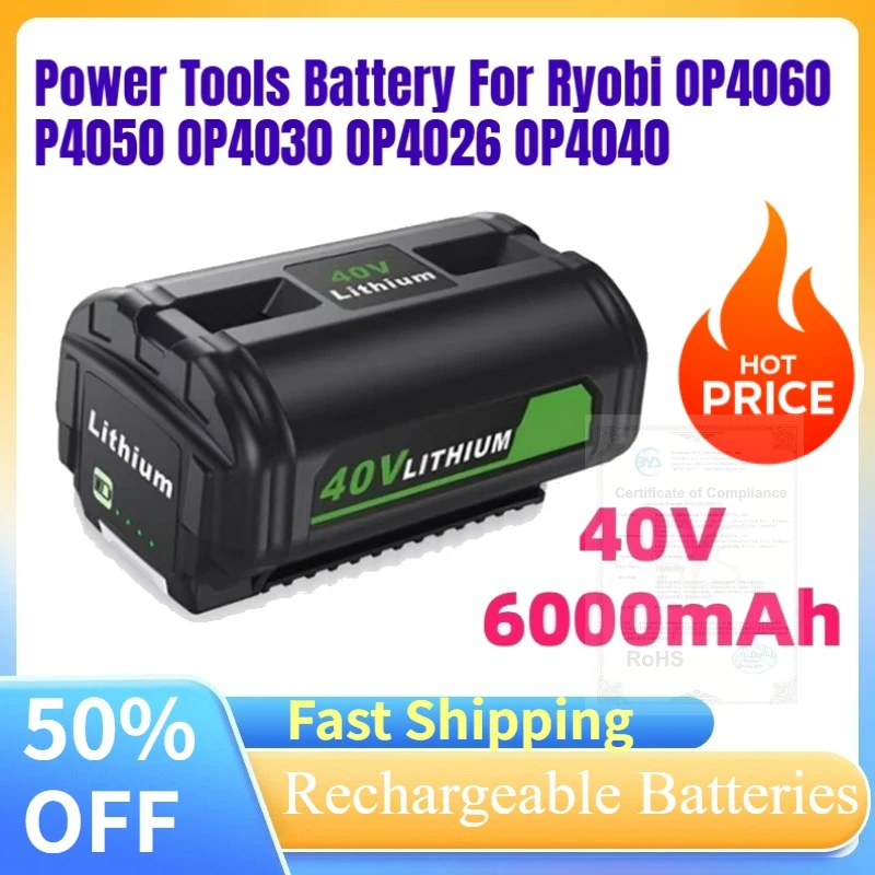 For Ryobi 40V 6000mAh Rechargeable Li-Ion Battery for Power Tools OP4060 OP4050 OP4030 OP4026 OP4040 RY40430 RY40770 RY40440