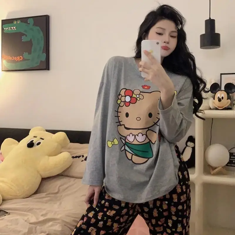 Sanrio T-Shirt Trousers Pajama Set Spring and Autumn Kawaii Hello Kitty Comic Round Neck Leisure Time Go Out Leisure Wear Kit