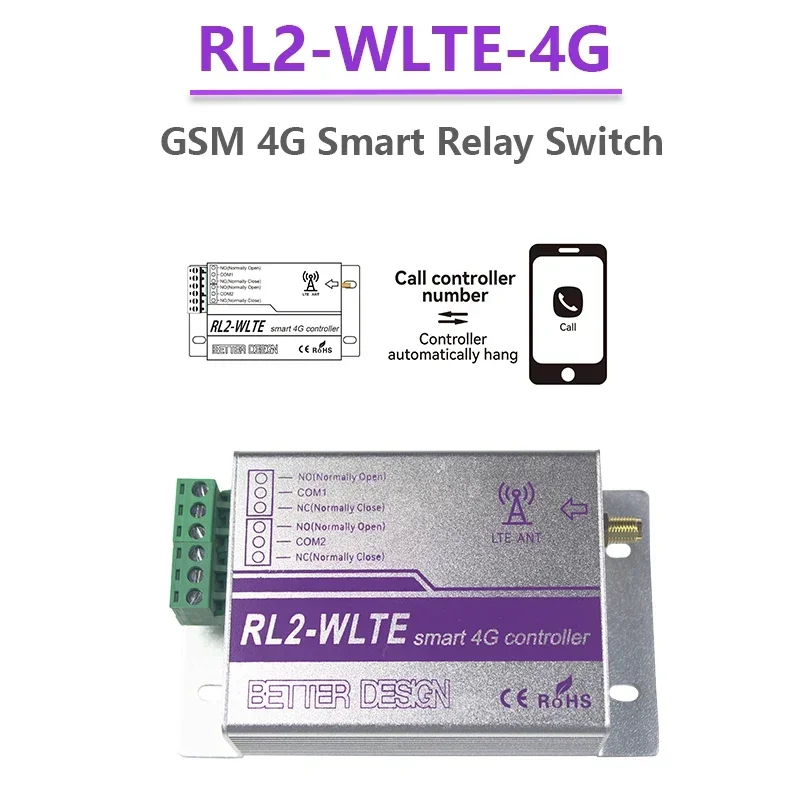 RL2-WLTE 2 Channel GSM 4G SMS APP Remote Control Relay Switch For Home Gate Door Opener SMS Call APP Control