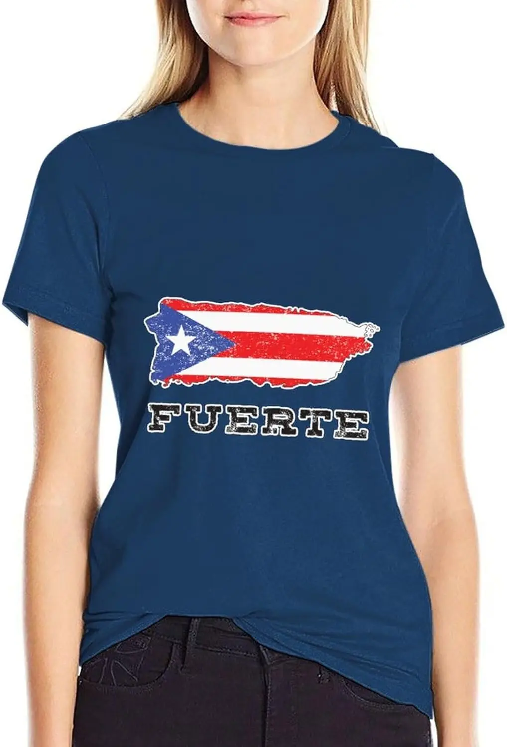 Puerto Rico Strong Fuerte Women's Classic-Fit Short-Sleeve Crewneck T-Shirt，Print Casual Trendy Summer Tops