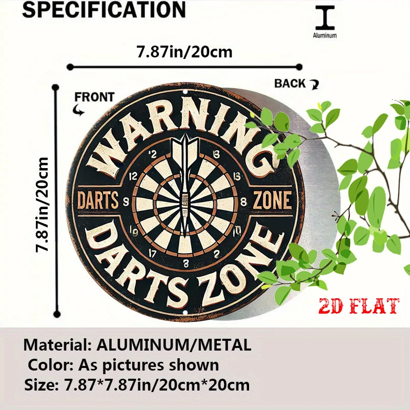 2D Flat 1pc Game Room Round Aluminum Sign, Darts Zone Round Wall Decor Warning Sign Rustic Metal Wall Art, Sports Equipment