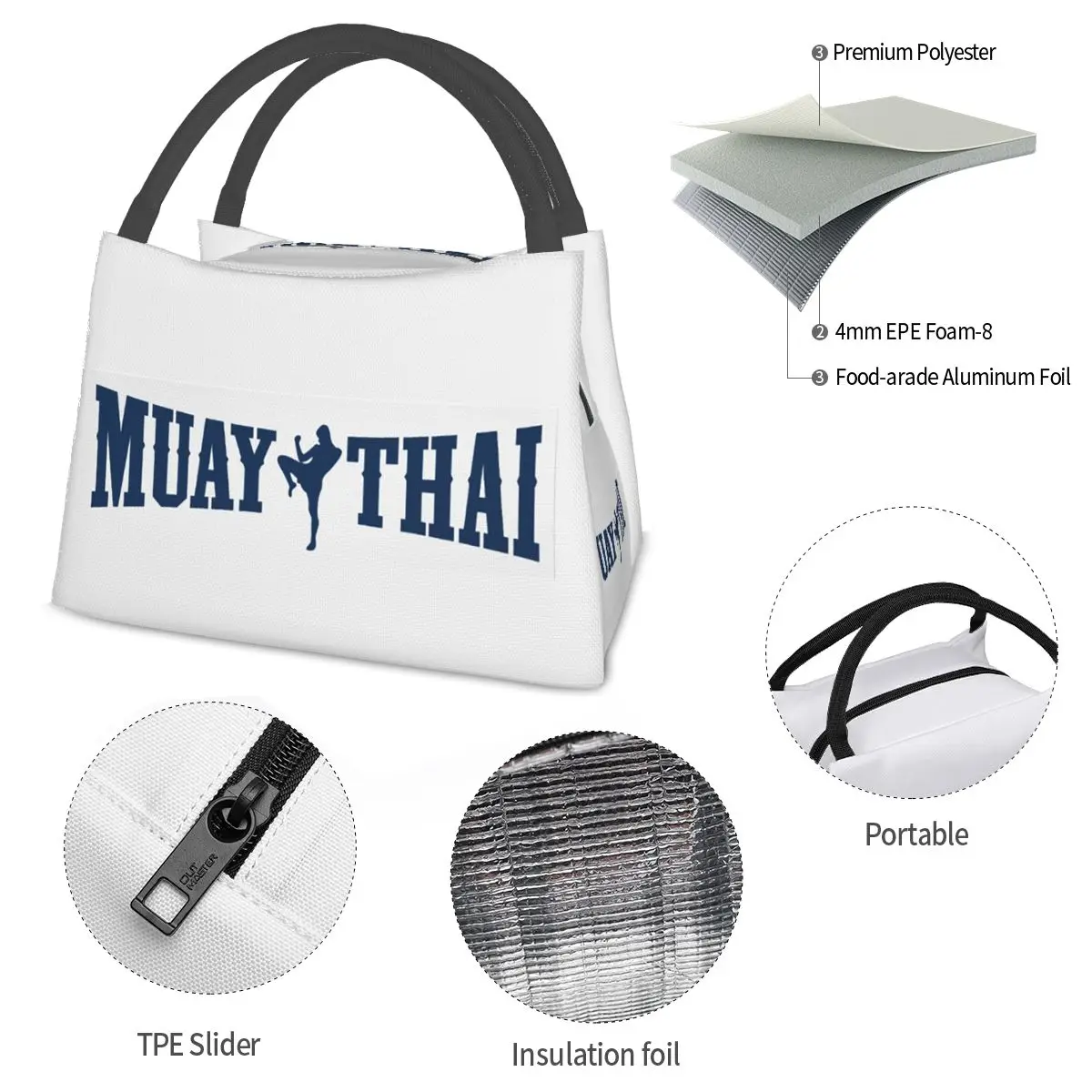 Best Muay Thai Fighter Logo bolsas de almuerzo aisladas Bento Box, bolsas de Picnic portátiles, bolsa térmica más fresca para mujeres y niños