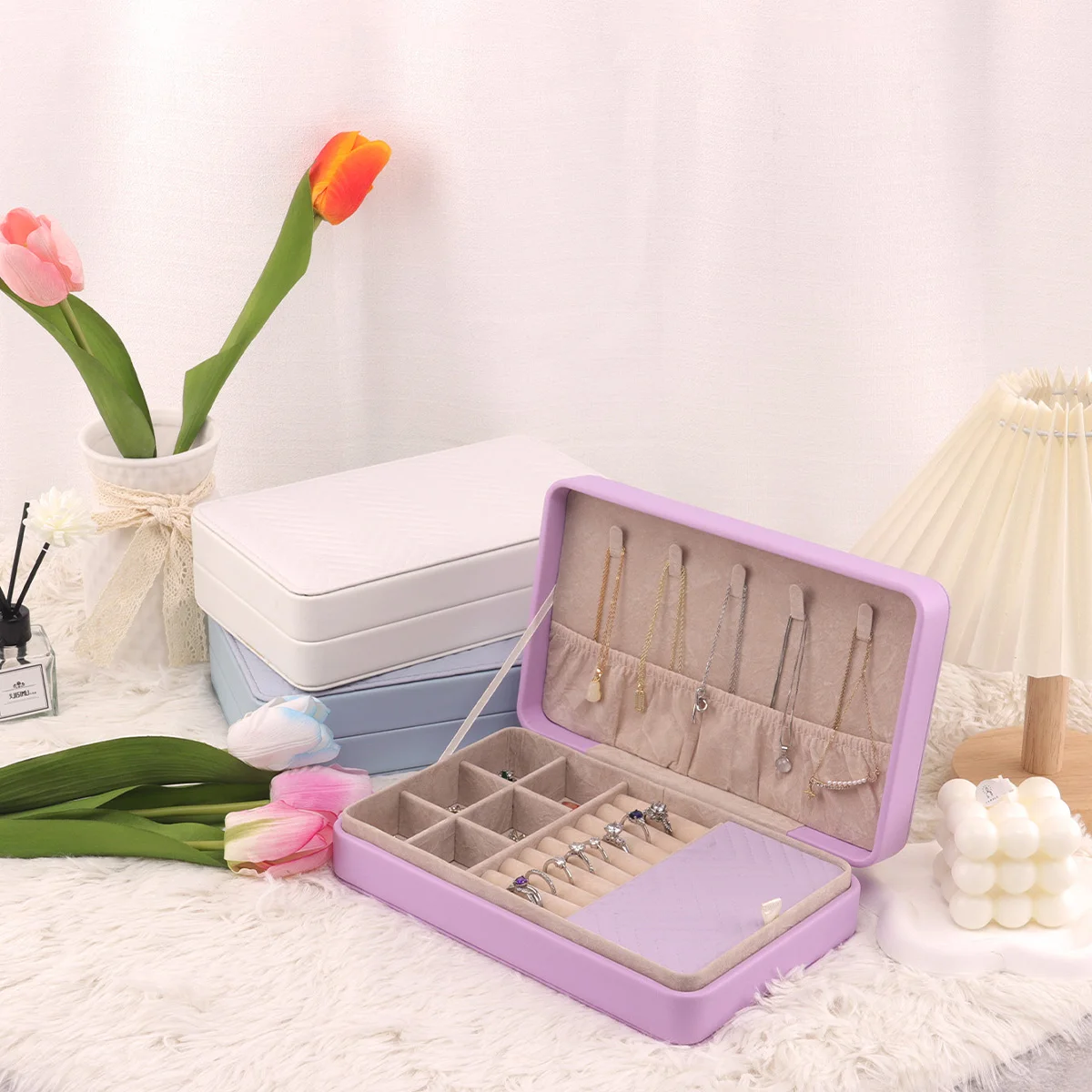 أزياء المرأة المحمولة السفر صندوق مجوهرات بو الجلود قلادة حلقة أقراط سستة صناديق تخزين مجوهرات عرض الحالات المنظم