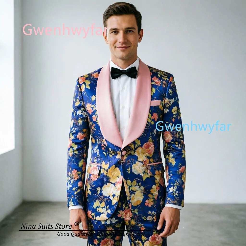G&N Men's Wedding Suit 2-Piece Set 2026 Pink Collar Royal Blue Embroidered Brocade Customizable Single-Button Jacket and Pants