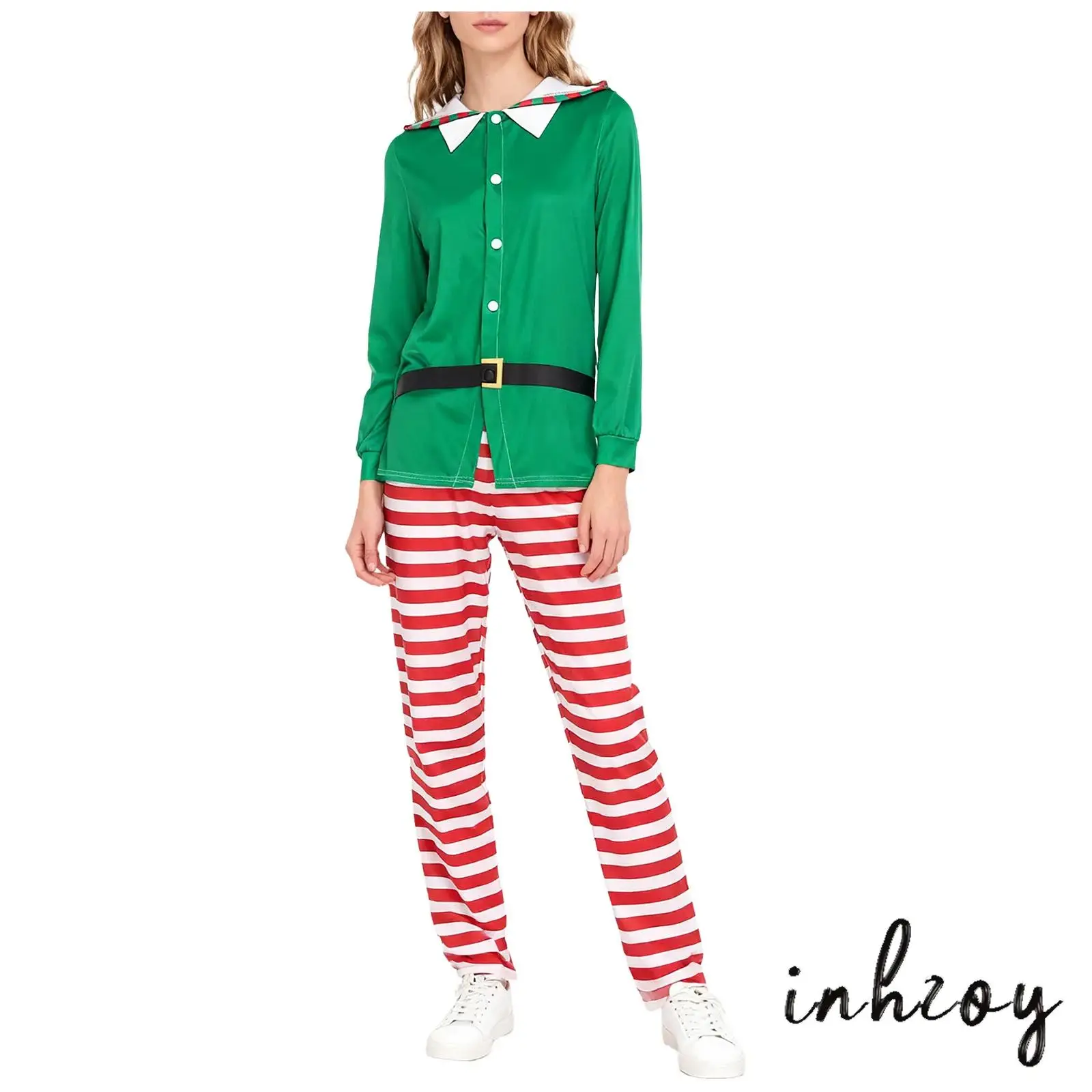 

Women's 2 Piece Christmas Elf Pajamas Costume Long Sleeve Hooded Top with Striped Pants Xmas Santa Candy Cane Dress Up Outfit