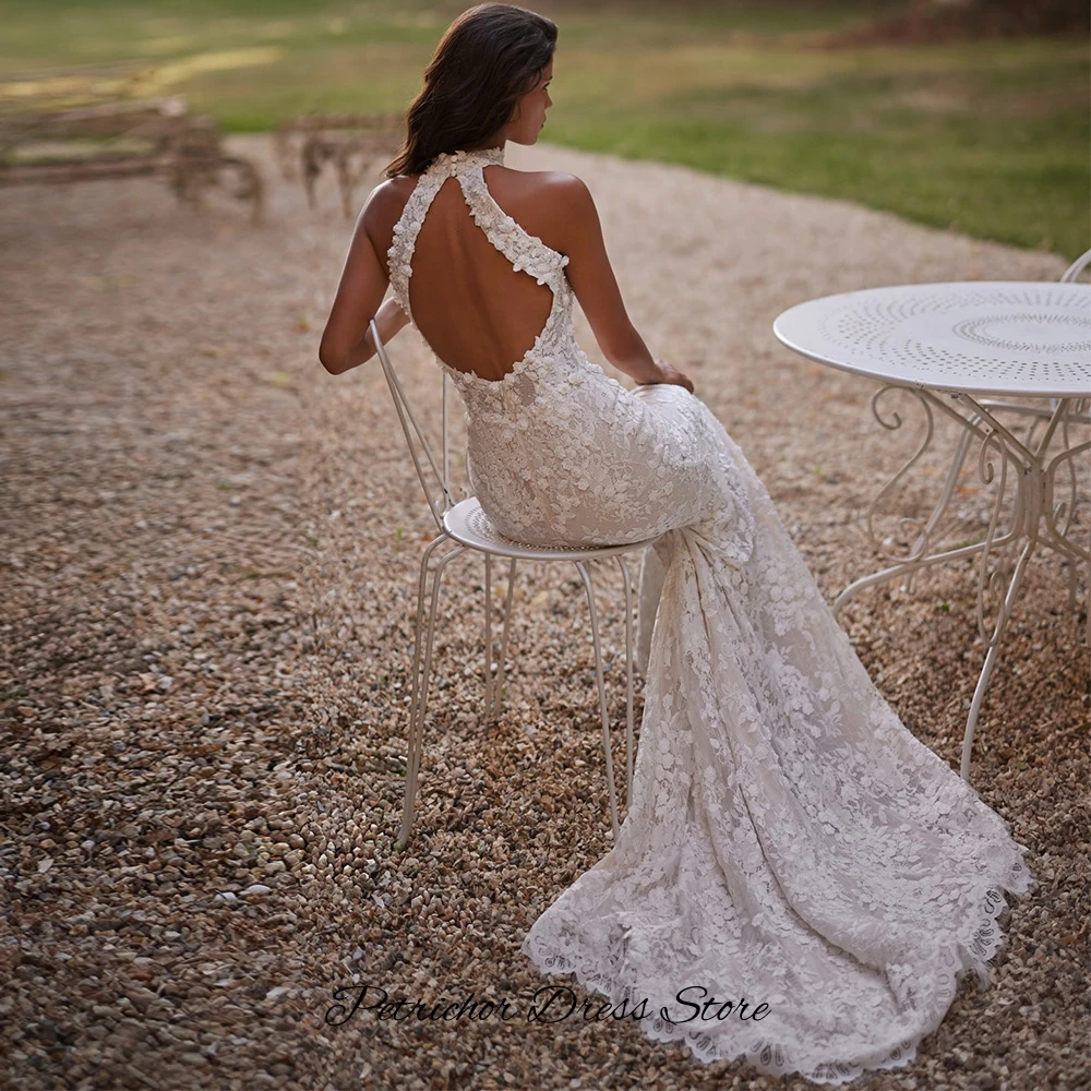 Sexy Backless Halter Robe de mariée Temperament Mermaid Sleeveless Wedding Dress Customized Handmade Flowers Lace Bridal Gowns