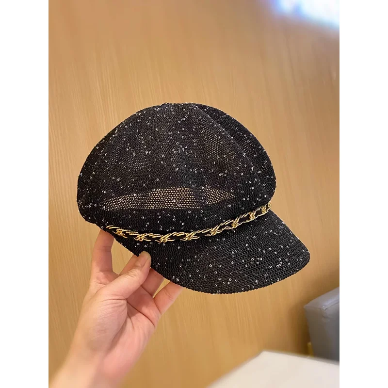 Women's Summer Hat New Trend Fashion Sequin Octagonal Hat Female Niche Hollow Out Breathable Duck Cap Shade Panama Women's Hat