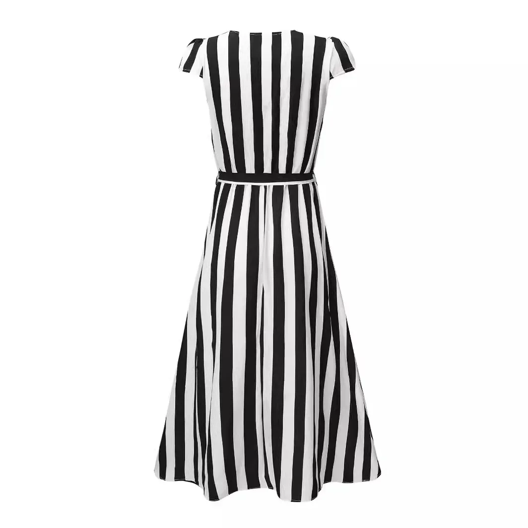 Women\'s S-2XL size new printed V-neck striped belt dress maxi dresses for women  bodycon dress  dress for women