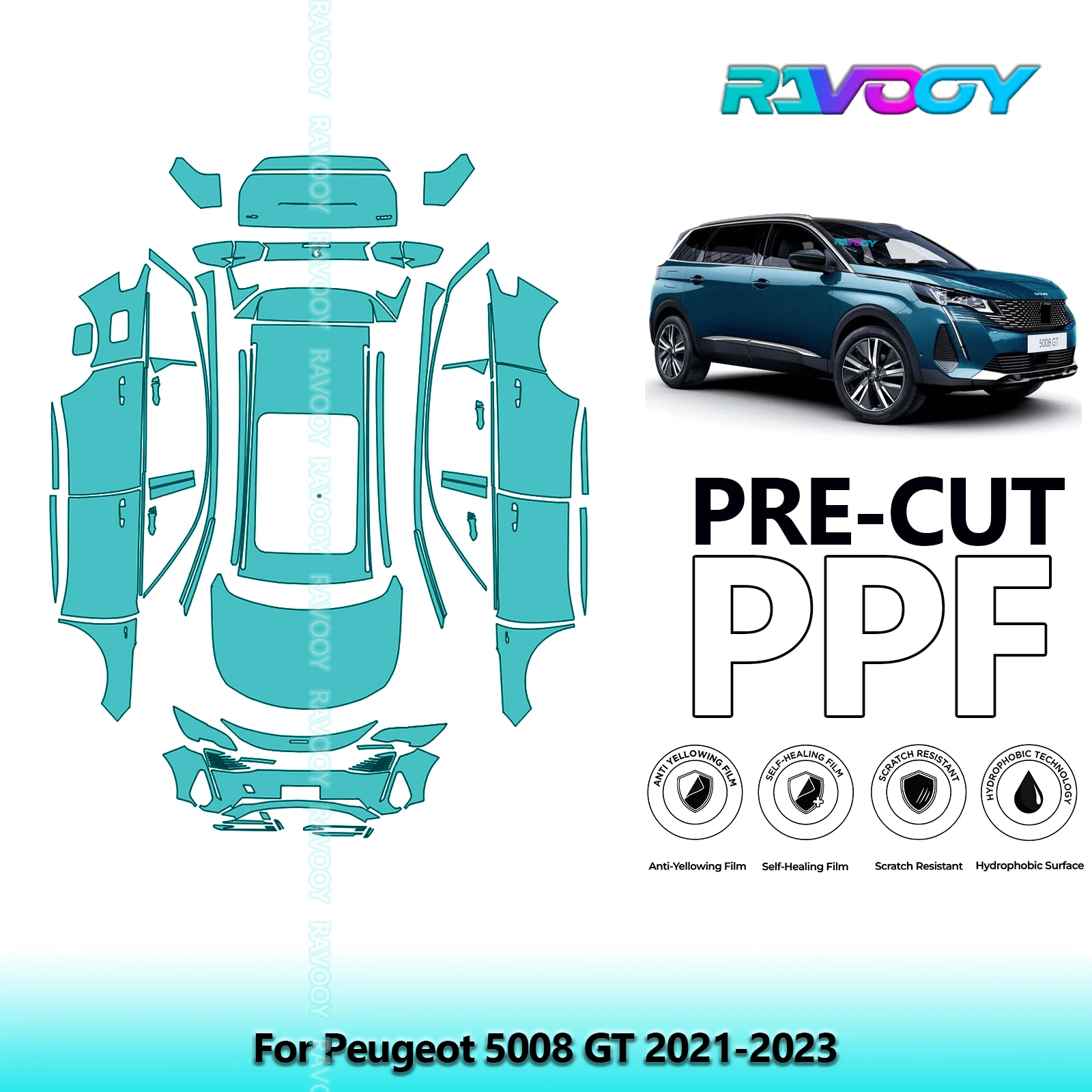 RAVOOY Precut TPU PPF Full Vehicle Clear Bra Stone Chip Guard EU UK For Peugeot 5008 GT 2021-2023