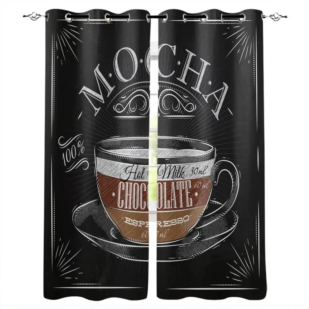 2panels Multi-size Coffee Poster Window Curtains Polyester Fabric Living Room Bedroom Kitchen Window Curtain Home Decor Grommet