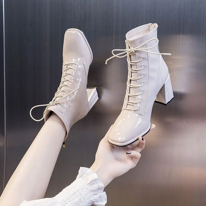 Footwear Heeled Female Ankle Boots Waterproof Work Short Shoes for Women Very High Heels Booties Lace-up with Laces Hot Y2k Boot