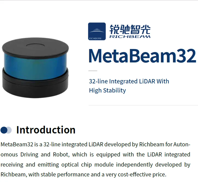 Richbeam MetaBeam16 MetaBeam32 32-line integrated LiDAR  3D Multiline lidar sensor for Autonomous Driving and Robot