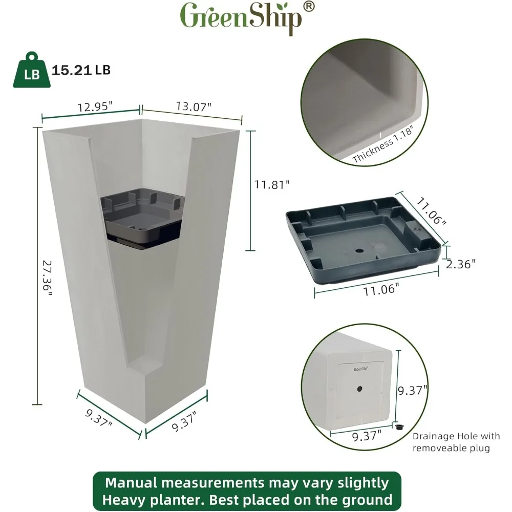 กระถางต้นไม้หินสีขาวขนาดใหญ่ ชุด 2 ใบ สูง 27 นิ้ว สำหรับปลูกต้นไม้ทั้งในร่มและกลางแจ้ง พร้อมระบบระบายน้ำและชั้นวางด้านใน