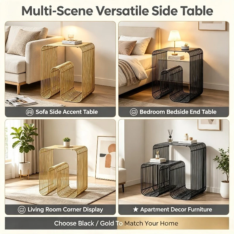Sofa Corner Table Metal gold/black, Wall-Mounted Bookshelf & Magazine Rack, Geometric Storage Shelf for Living Room Entryway