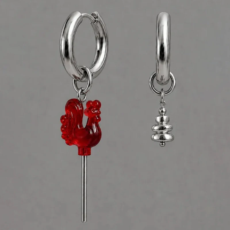 Russian Folk 3D Red Rooster Lollipop Acrylic Hoop Earrings for Women Vintage Asymmetrical Unique Animal Party Wedding Jewelry