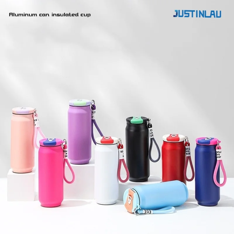 

JUSTINLAU 500ml Thermos Cup Coffee Mug Pop Can with Rope Vacuum Flask Stainless Steel Travel Mug Thermal Water Bottle Spot Goods